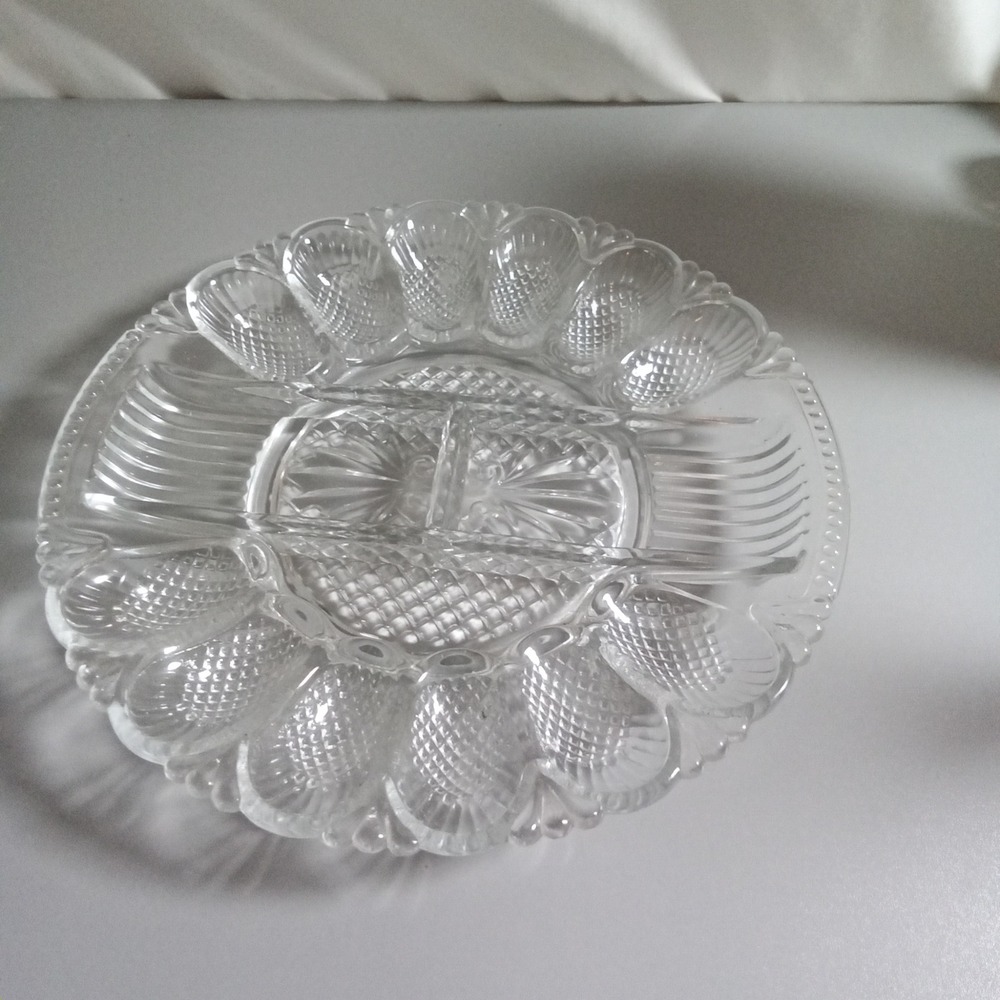 Vintage Clear Pressed Glass 15 Slot Deviled Egg Platter Divided Relish Tray 11in